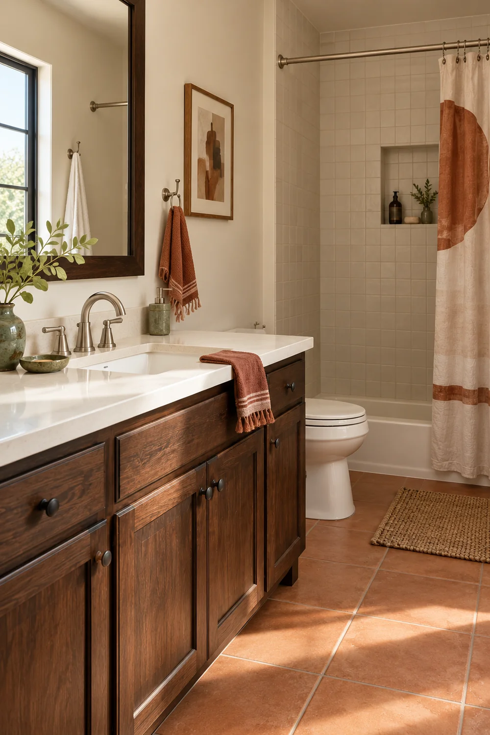 Rust towels and mineral green accessories beside a walnut bathroom vanity