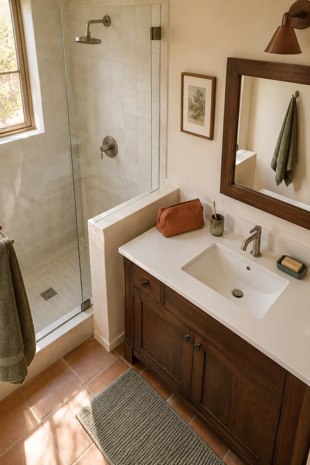 Rust wash bag on a clear white vanity ledge beside green bathroom accessories