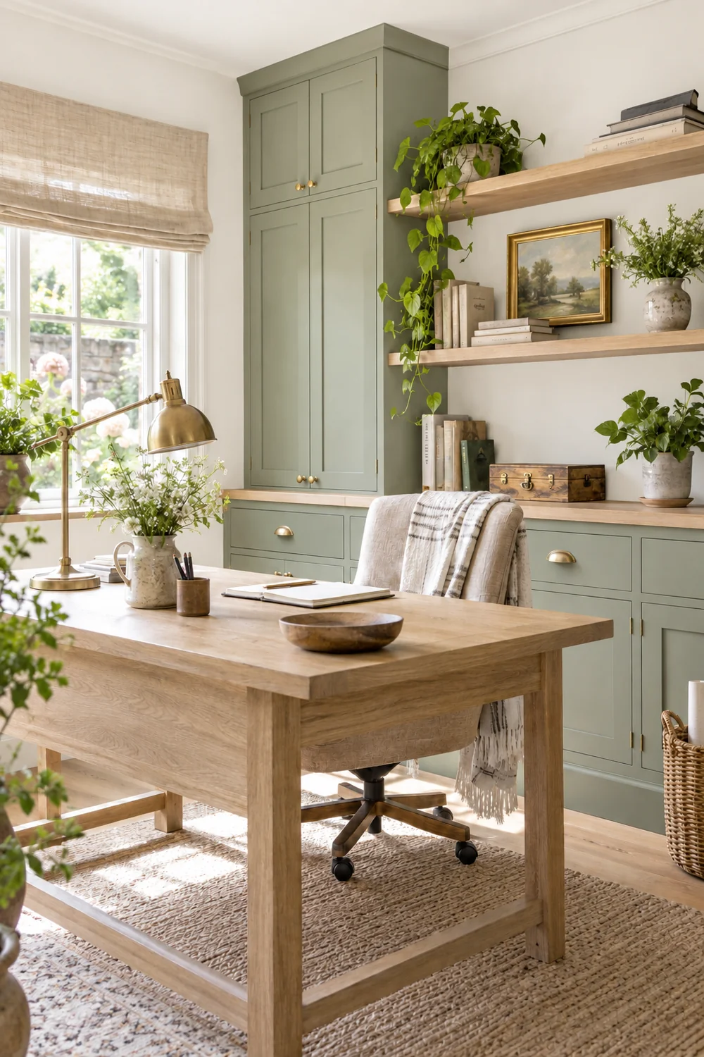 Sage cabinet and pale oak desk in a bright garden office