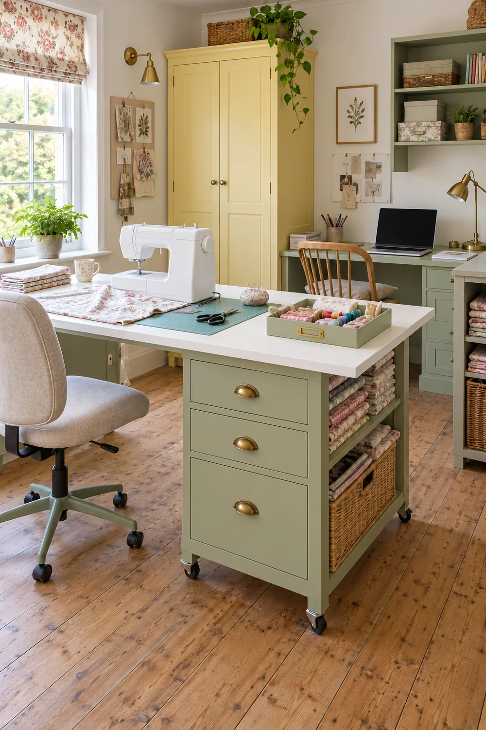 Sage drawer unit beneath a sewing table with a small project tray on top
