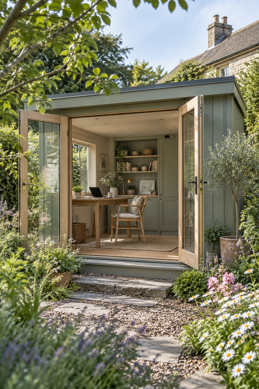 Sage garden office exterior among cottage planting