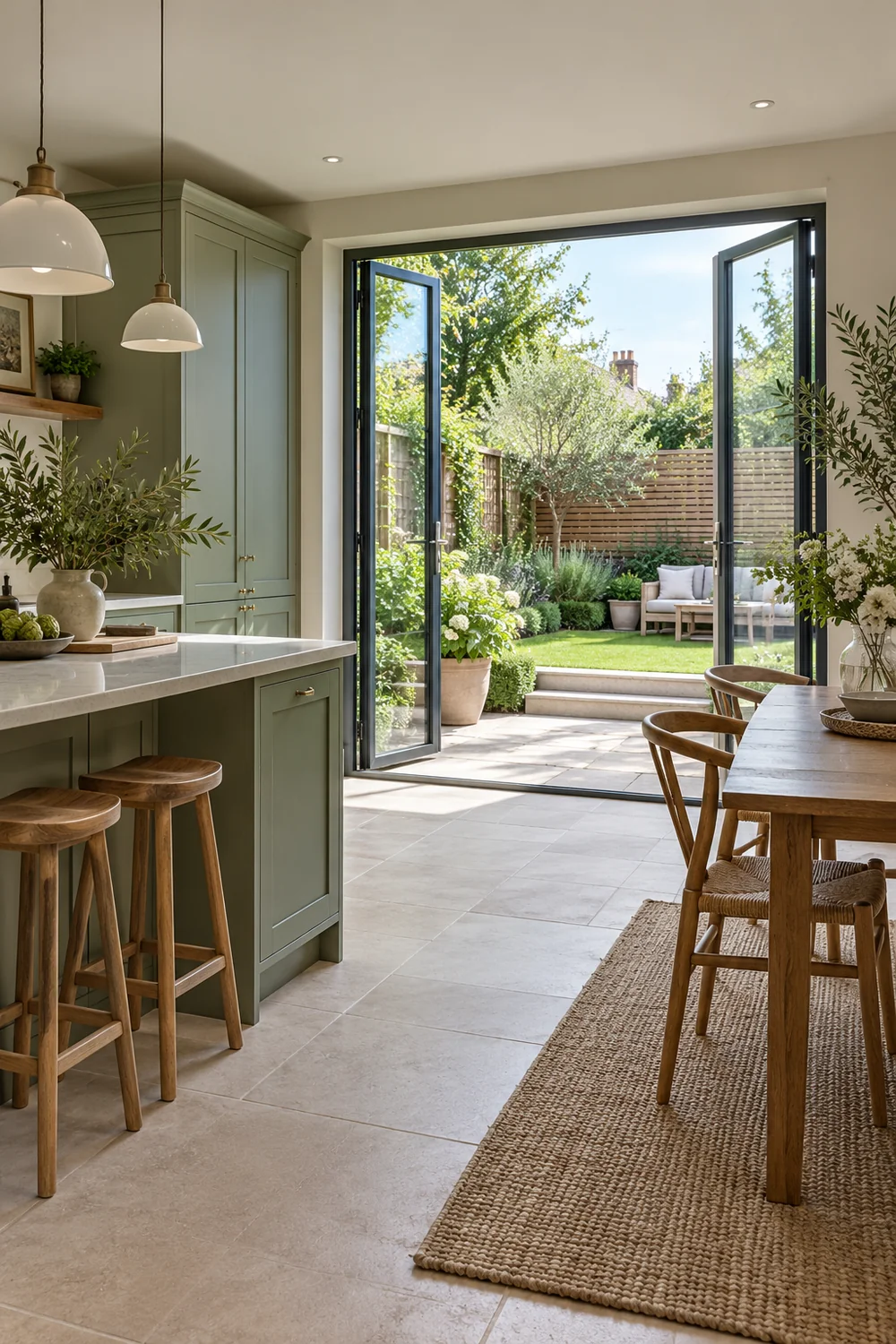 Sage kitchen opening through glass doors to an enclosed garden