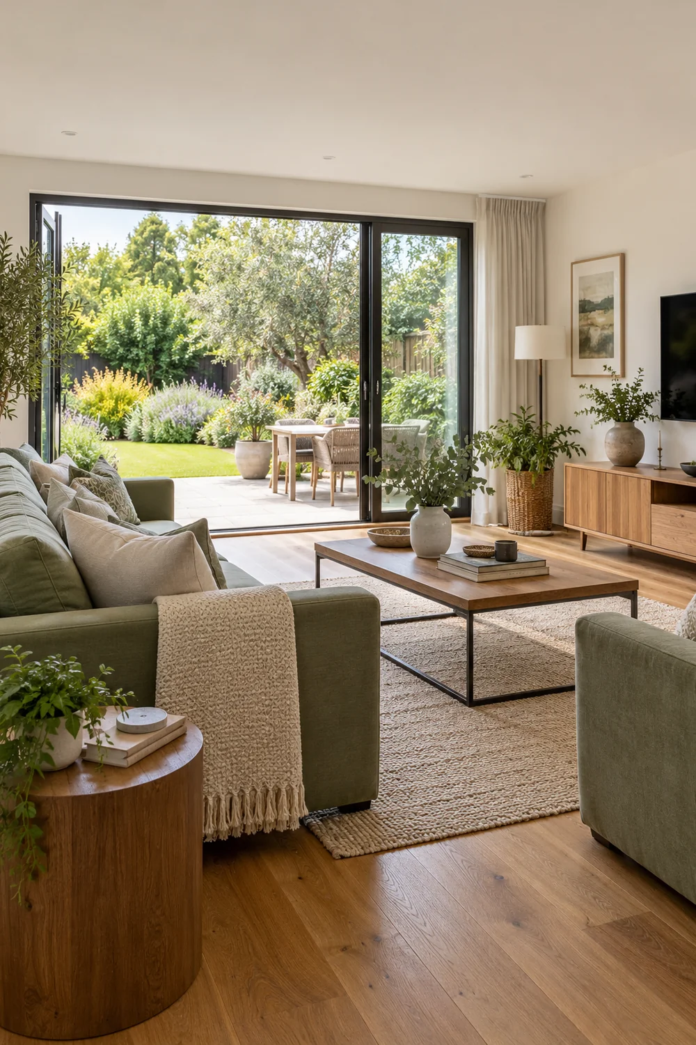 Sage living room opening to a planted garden