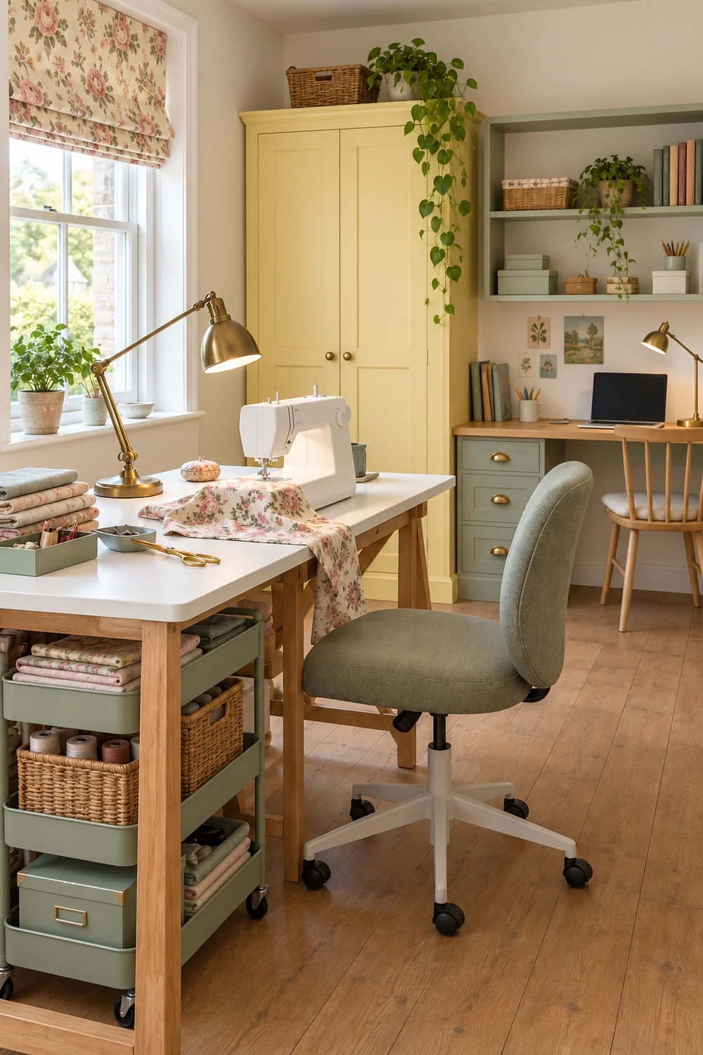 Sage sewing trolley parked beside a sewing table with a clear office route
