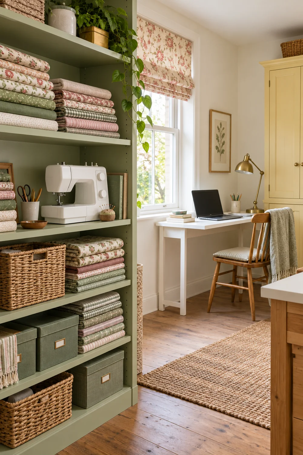 Sage shelves holding folded fabric beside a sewing table and laptop desk