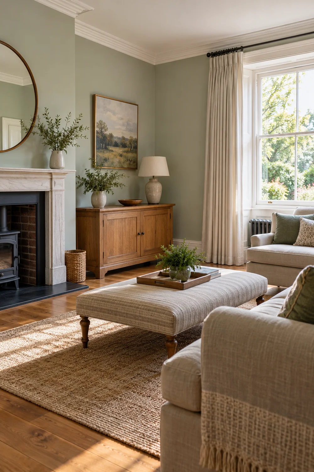 Sage sitting room with a timber cupboard and clear surfaces