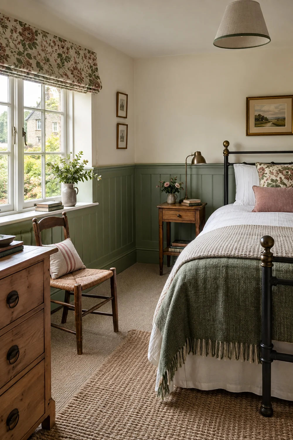 Sage wall panelling below a cream wall in a compact country guest bedroom