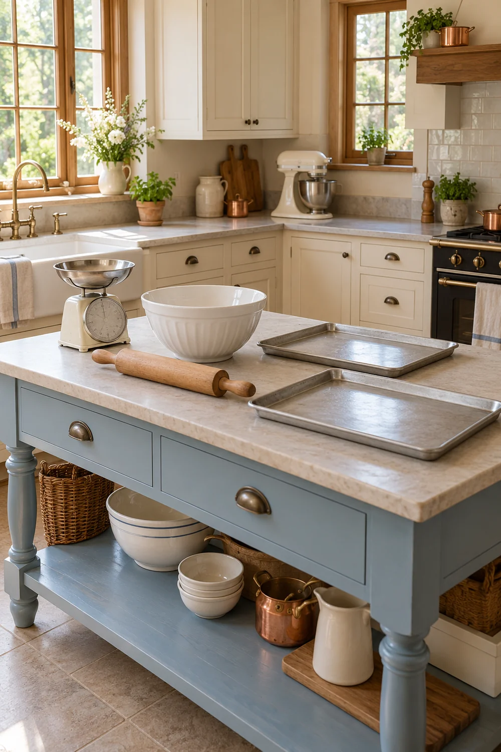 Scales white mixing bowl rolling pin and two trays on a blue kitchen table