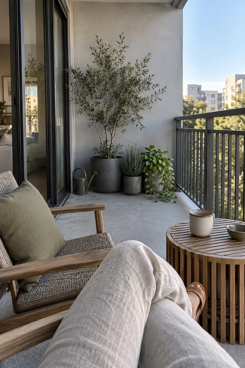 Seated balcony view toward grey containers and a nearby building