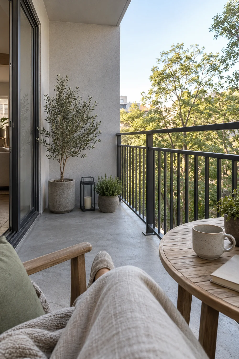 Seated view across a grey balcony toward a dark railing and green trees