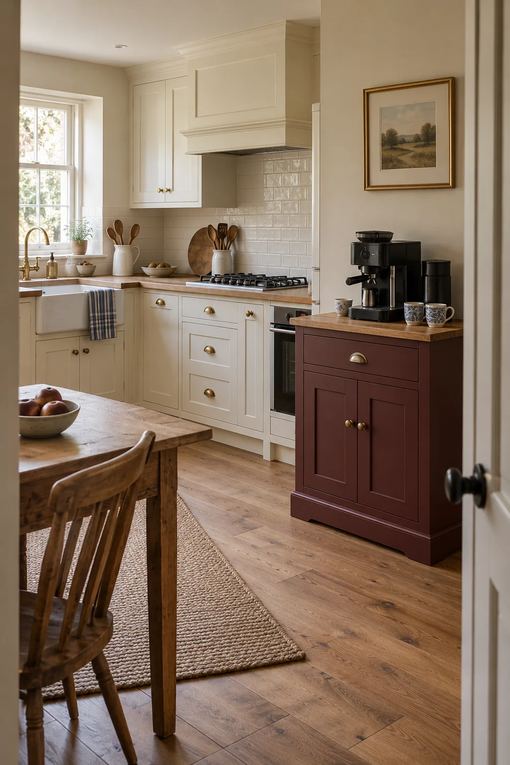 Separate burgundy coffee cabinet beside a cream kitchen counter and open floor space