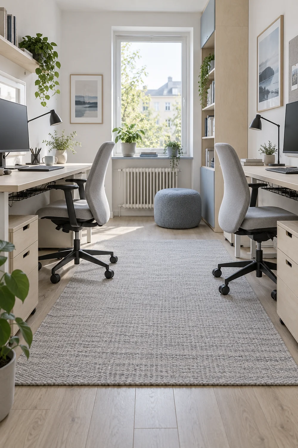 Separate cable trays beneath paired desks away from chair movement