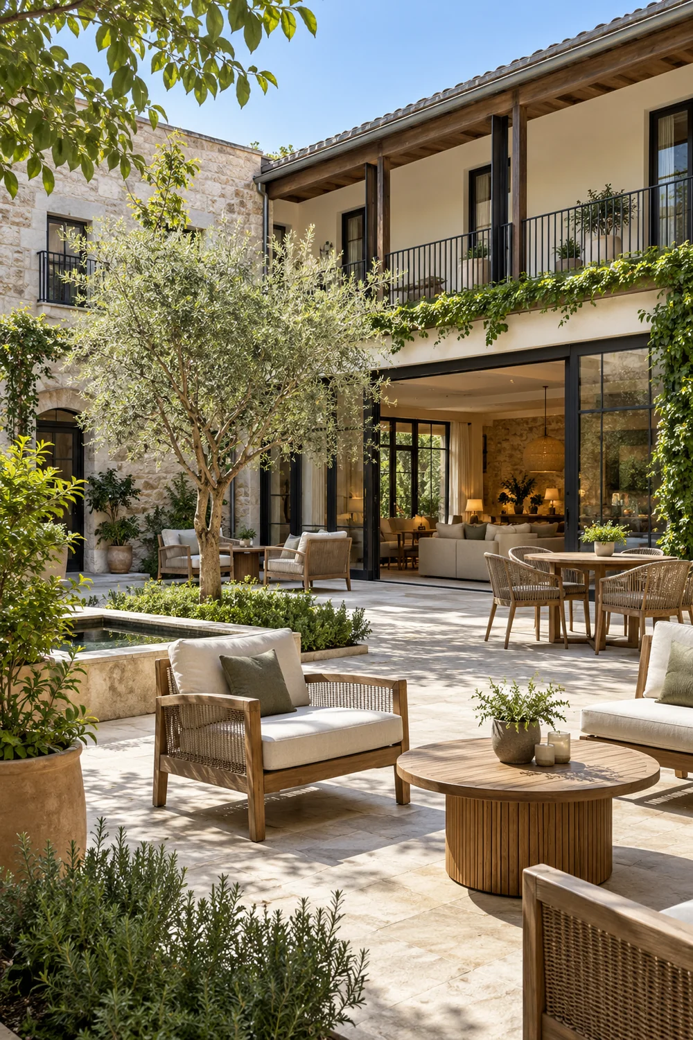 Separate courtyard seating groups outside a glazed shared lounge