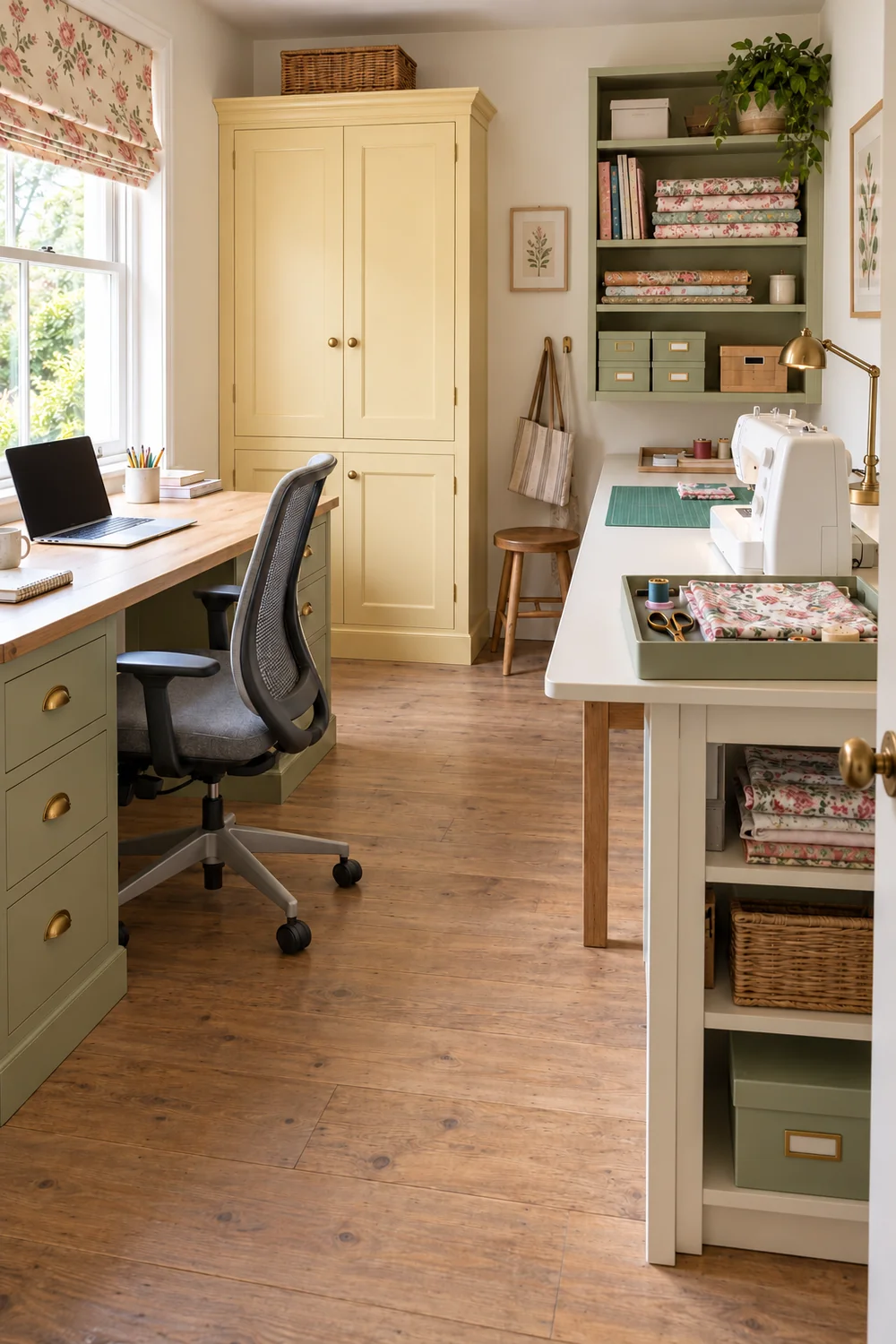 Separate office and sewing surfaces with contained materials and task lamps