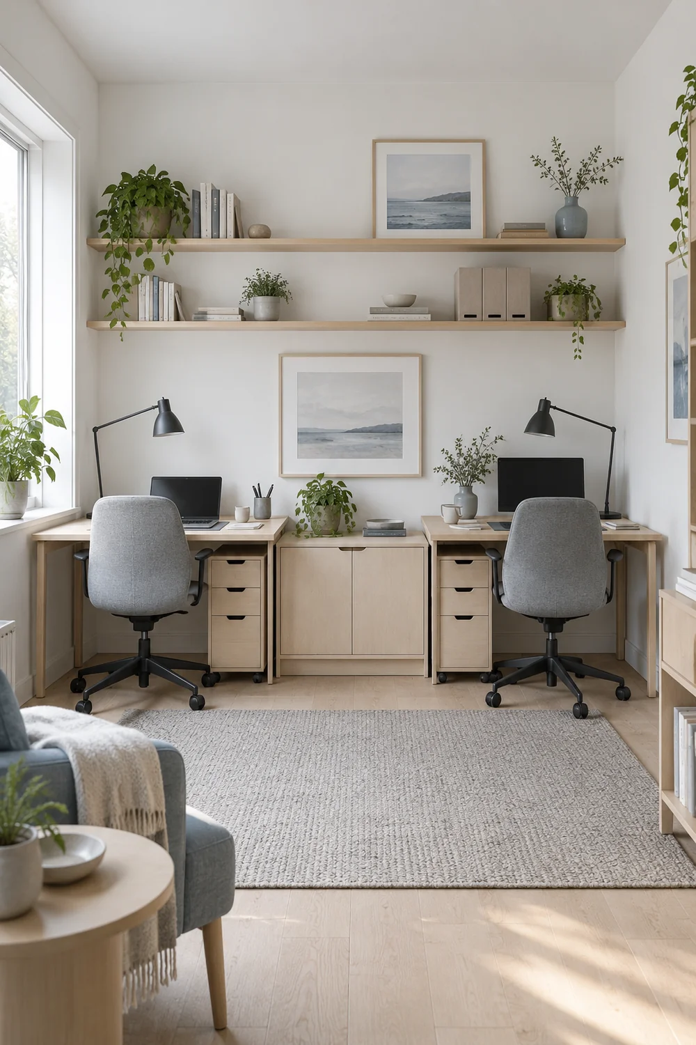 Separate personal drawers and one shared cabinet for two workers