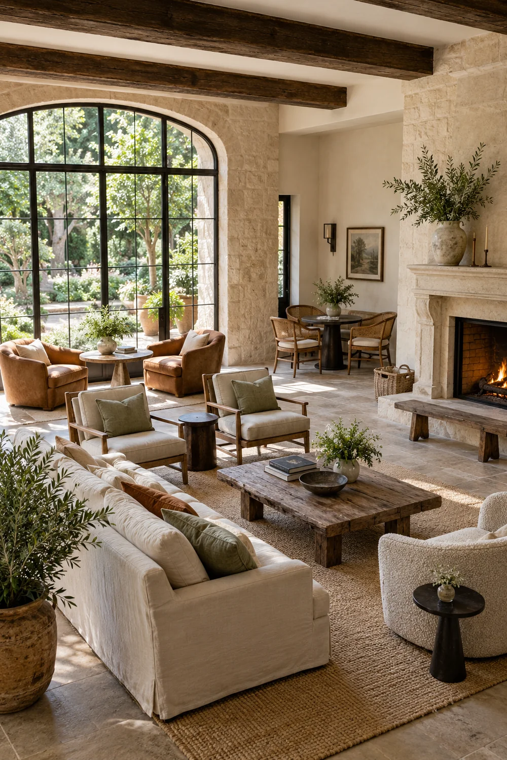 Separate seating groups around a stone fireplace in a large hotel lounge