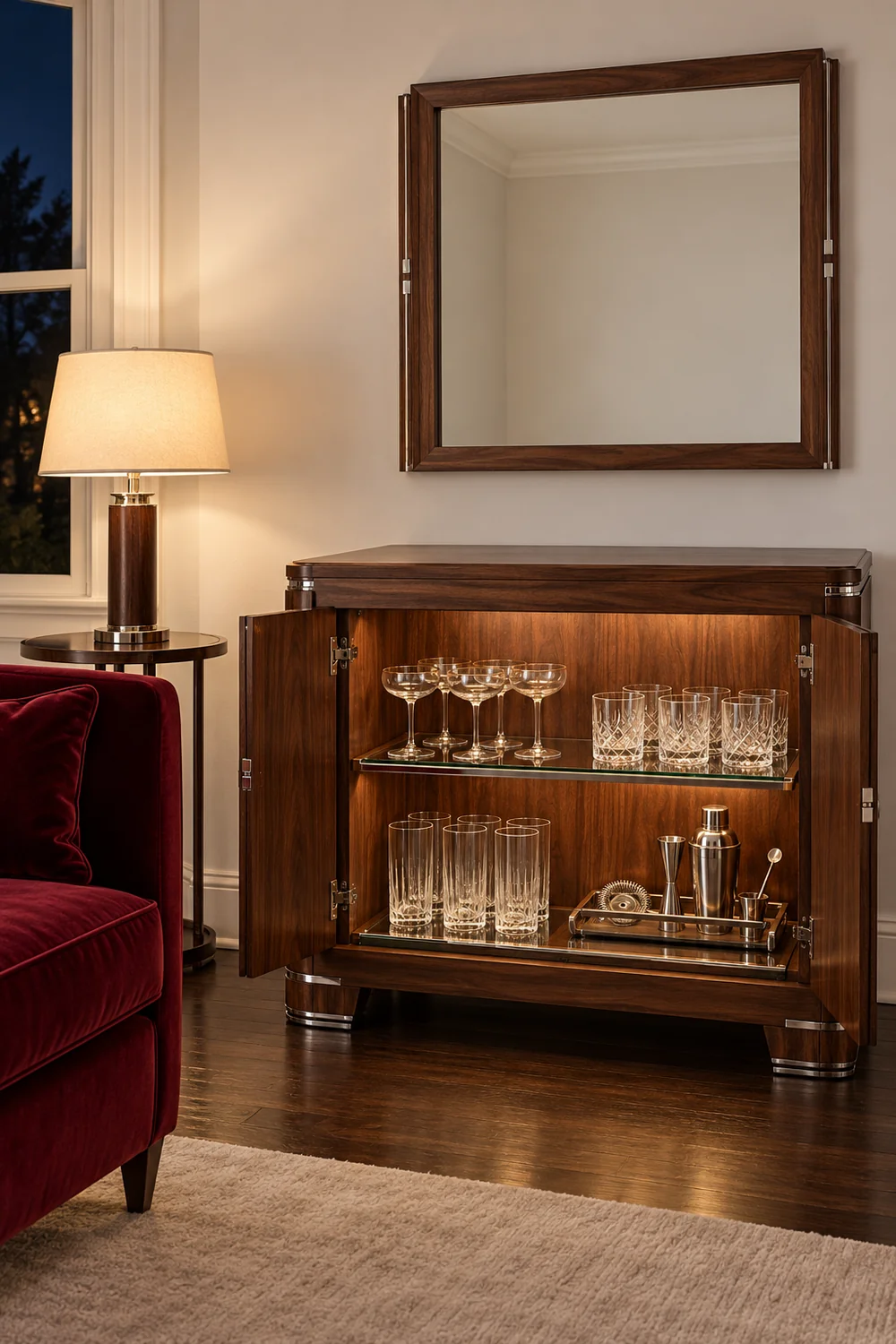 Separate shaded lamp illuminating an open walnut cabinet below a quiet mirror