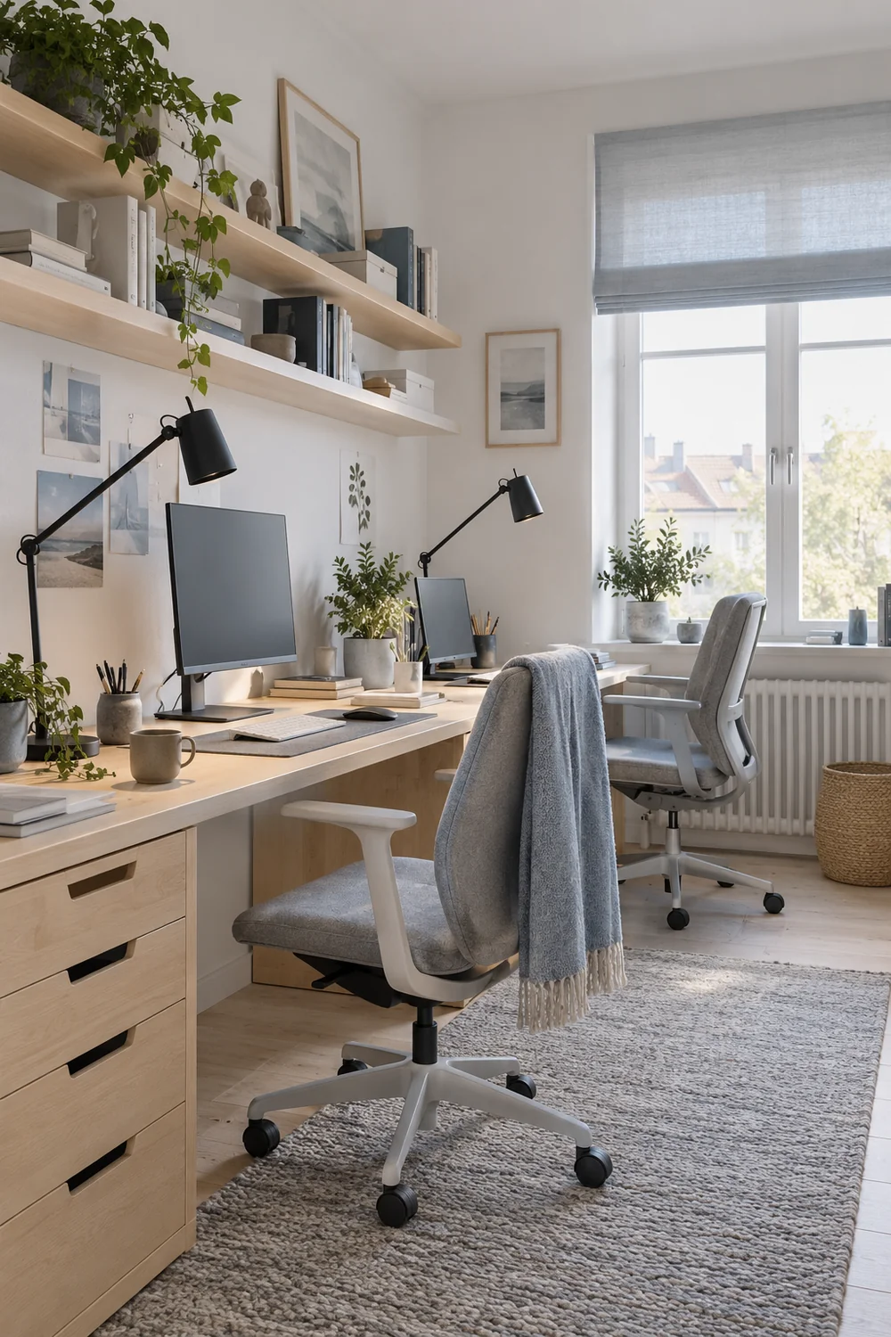 Separate task lamps lighting two Scandinavian desk stations