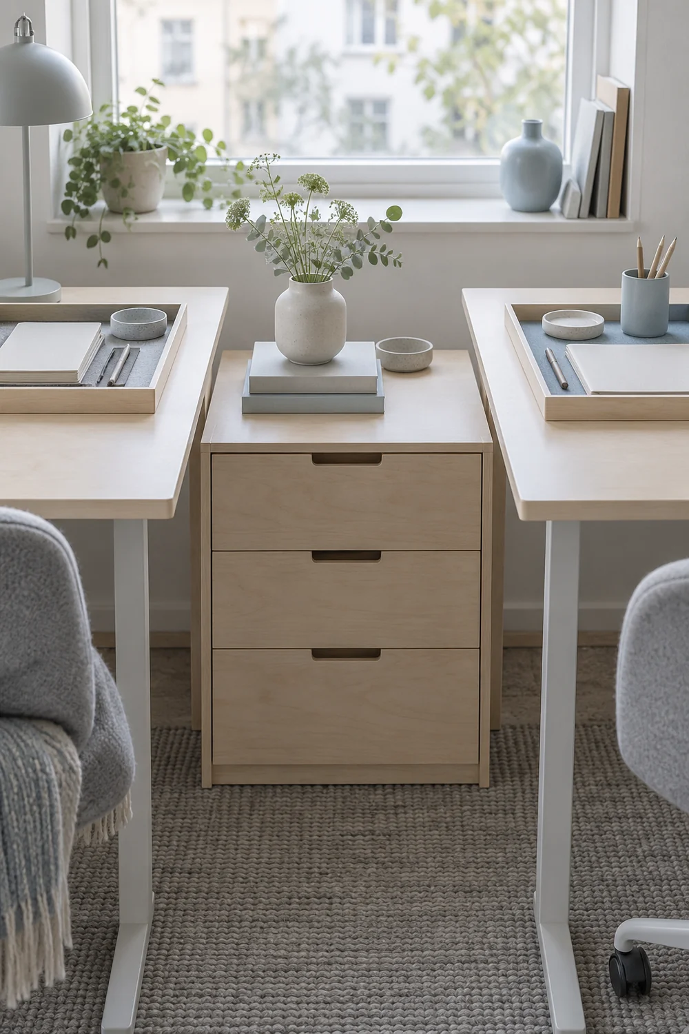 Separate work trays beside a shared cabinet in a two person office