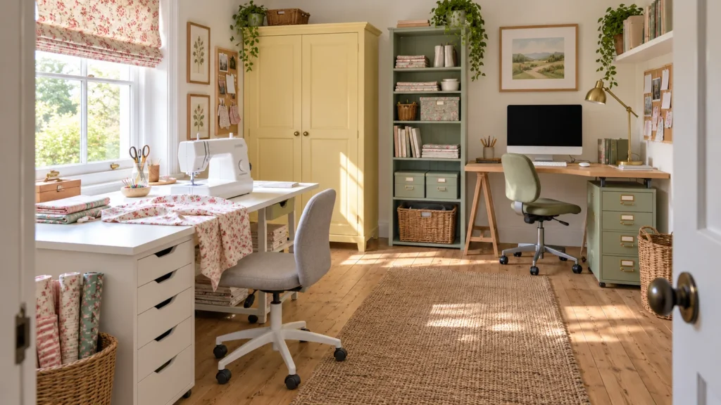 Sewing and computer workstations with drawers shelves and a closed yellow cupboard