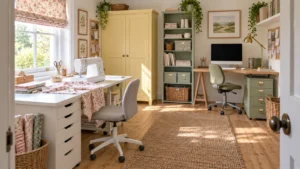 Sewing and computer workstations with drawers shelves and a closed yellow cupboard