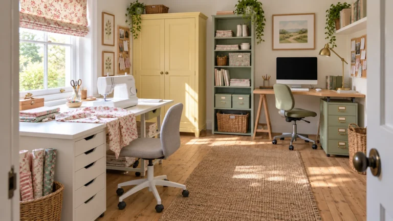 Sewing and computer workstations with drawers shelves and a closed yellow cupboard