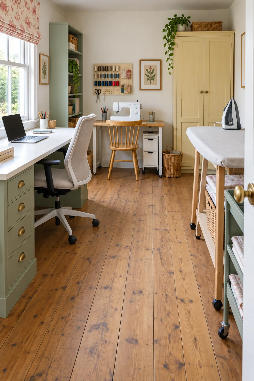 Sewing desk and laptop station with an ironing surface beside the doorway