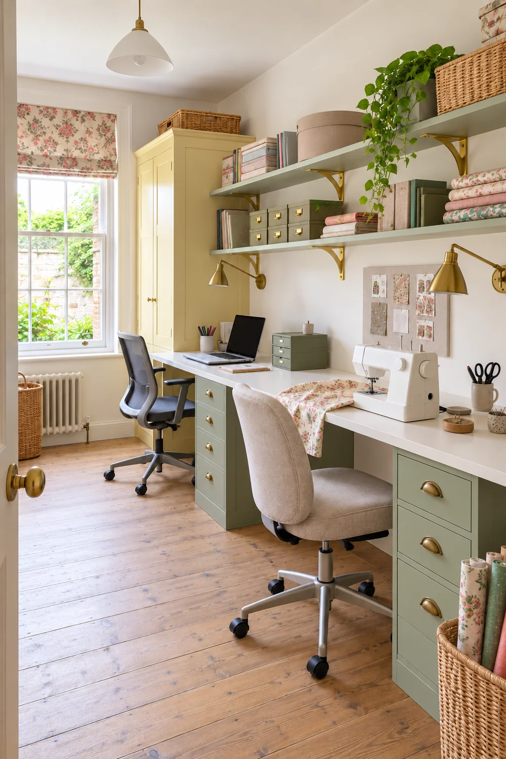 Sewing machine and laptop along a shared white worktop with two chairs