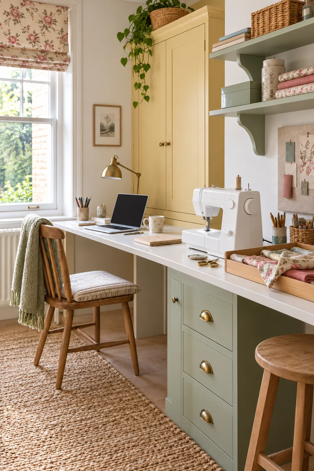 Sewing machine and laptop at separate positions along a sage storage worktop