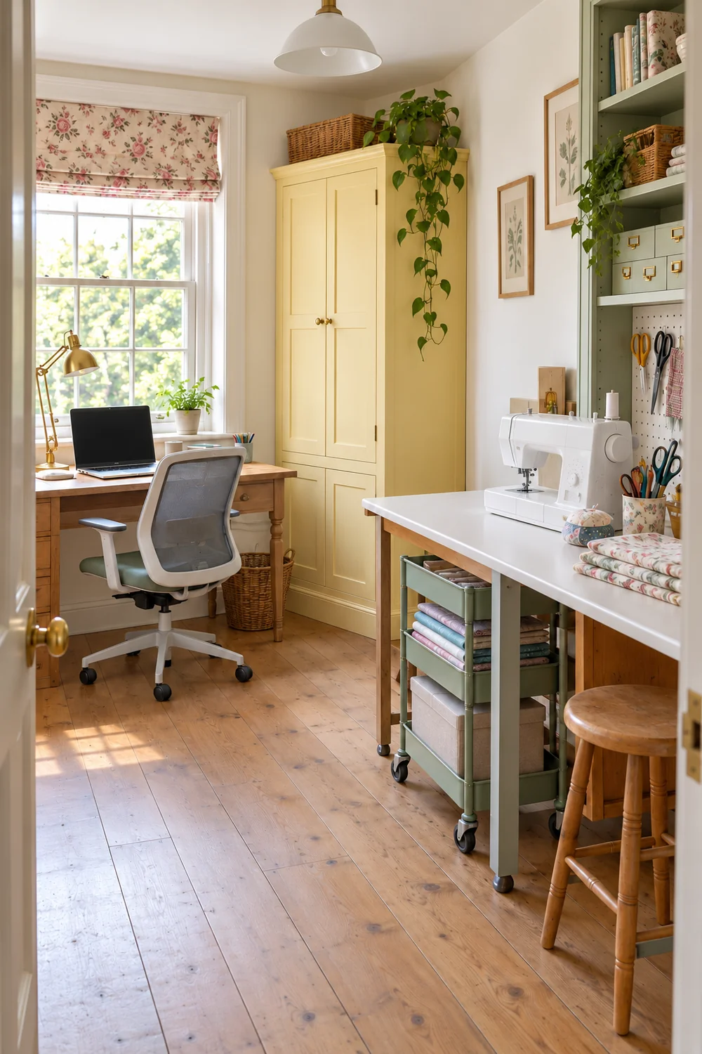 Sewing table with contained tools and a clear laptop station by the window