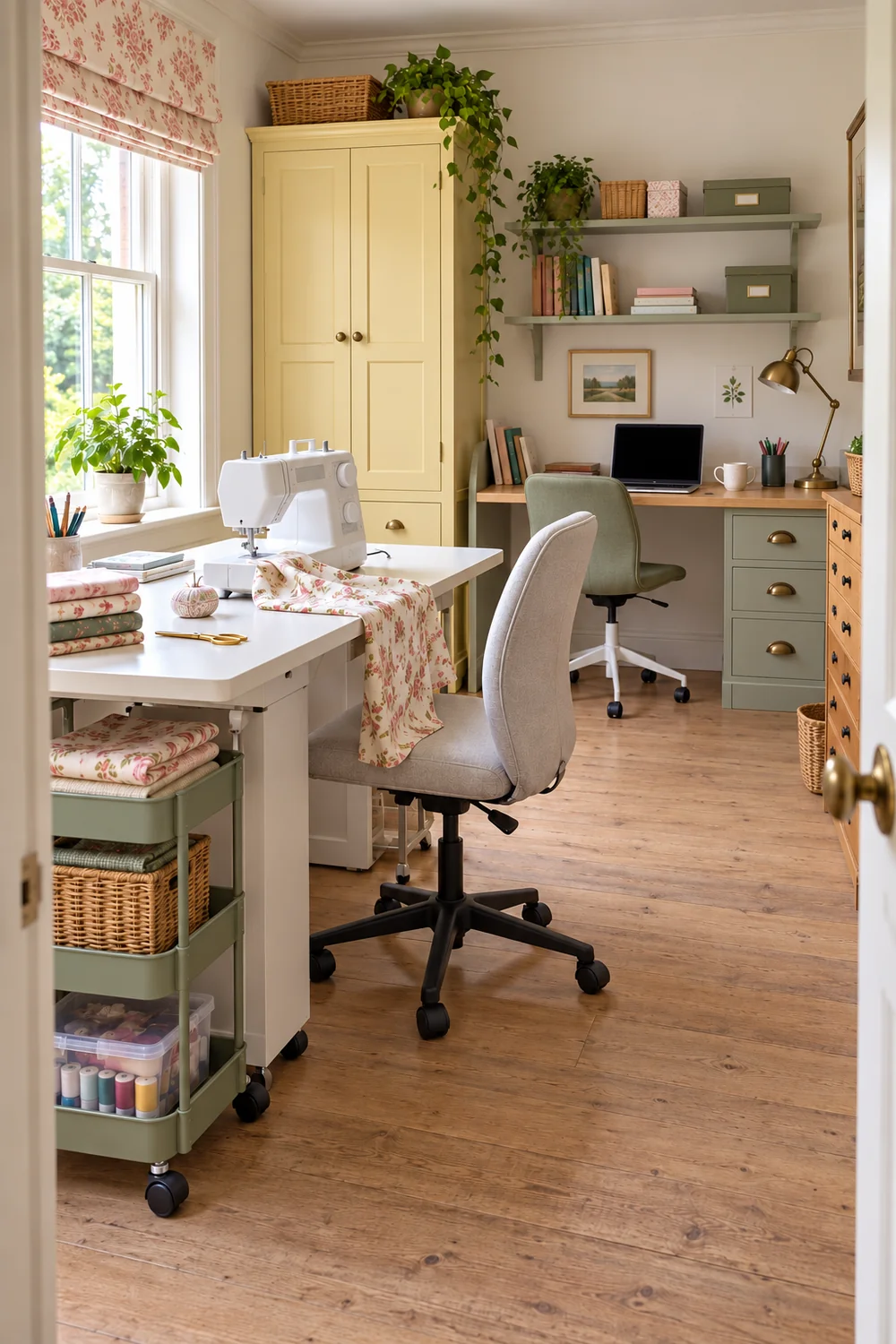 Sewing table with open leg space and a storage trolley beside a laptop desk