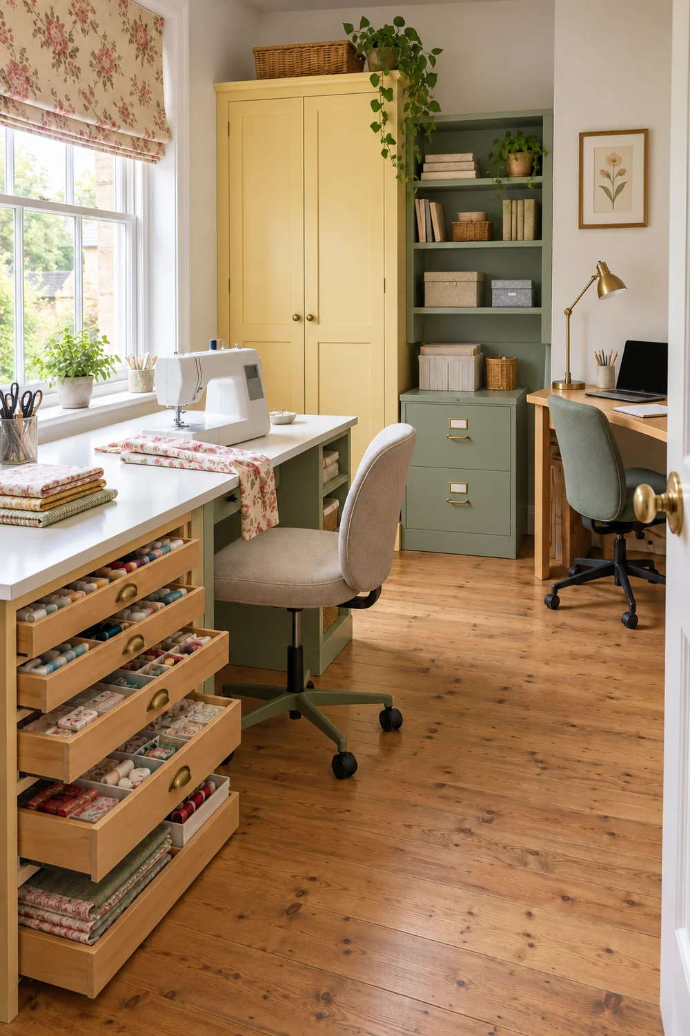 Shallow divided sewing drawers beneath a machine table with a laptop desk beyond