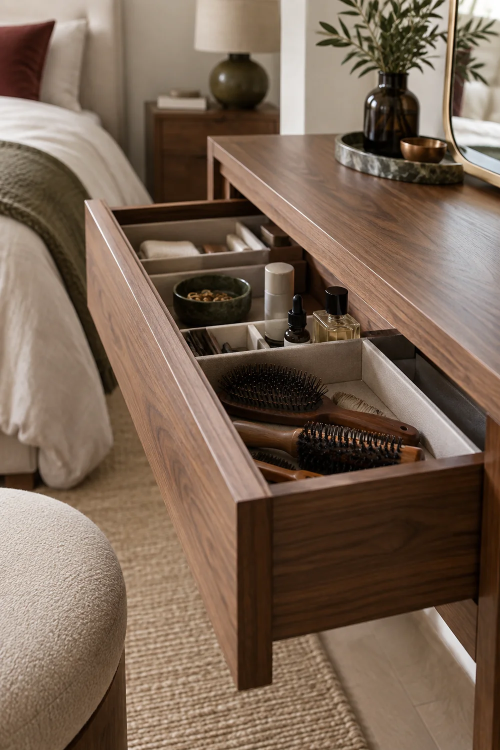 Shallow vanity drawer holding daily brushes and small bottles
