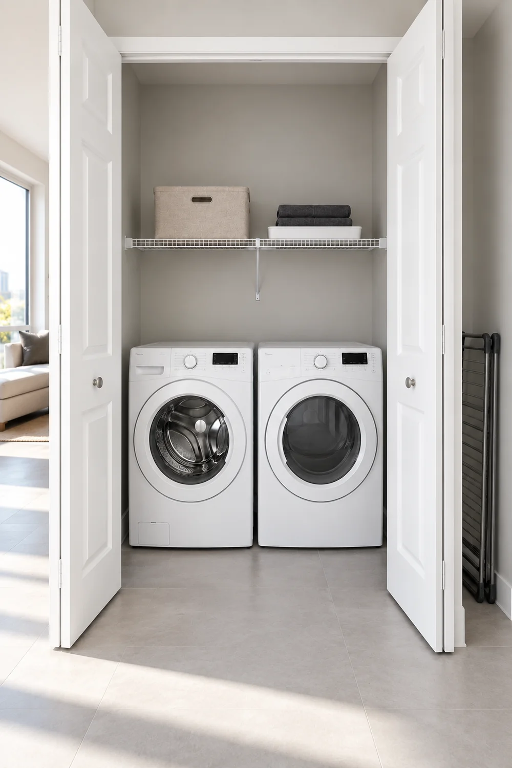 Shallow white tray and fabric bin on the fixed shelf above two white laundry machines