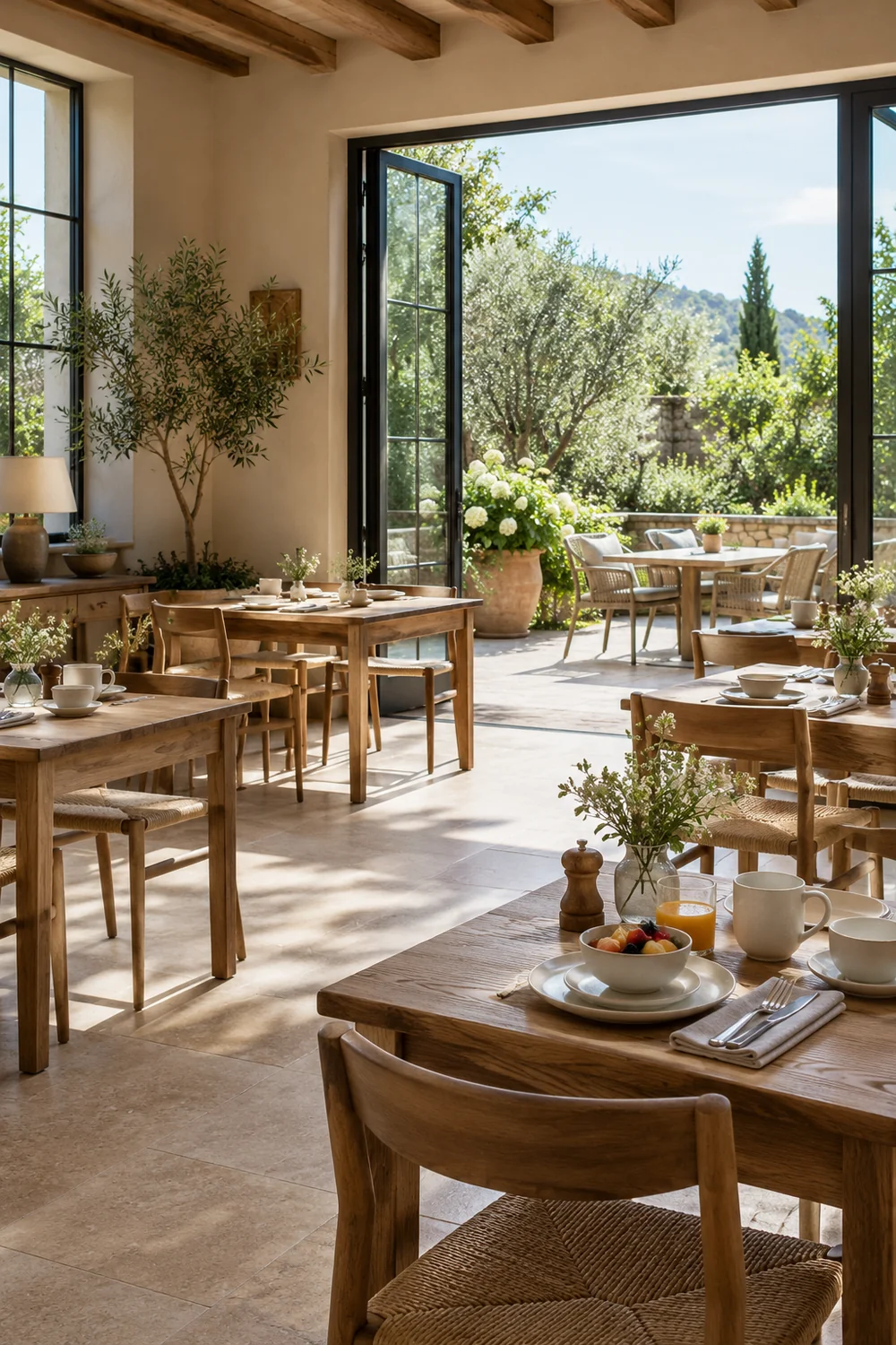 Shared breakfast tables opening onto a planted stone terrace