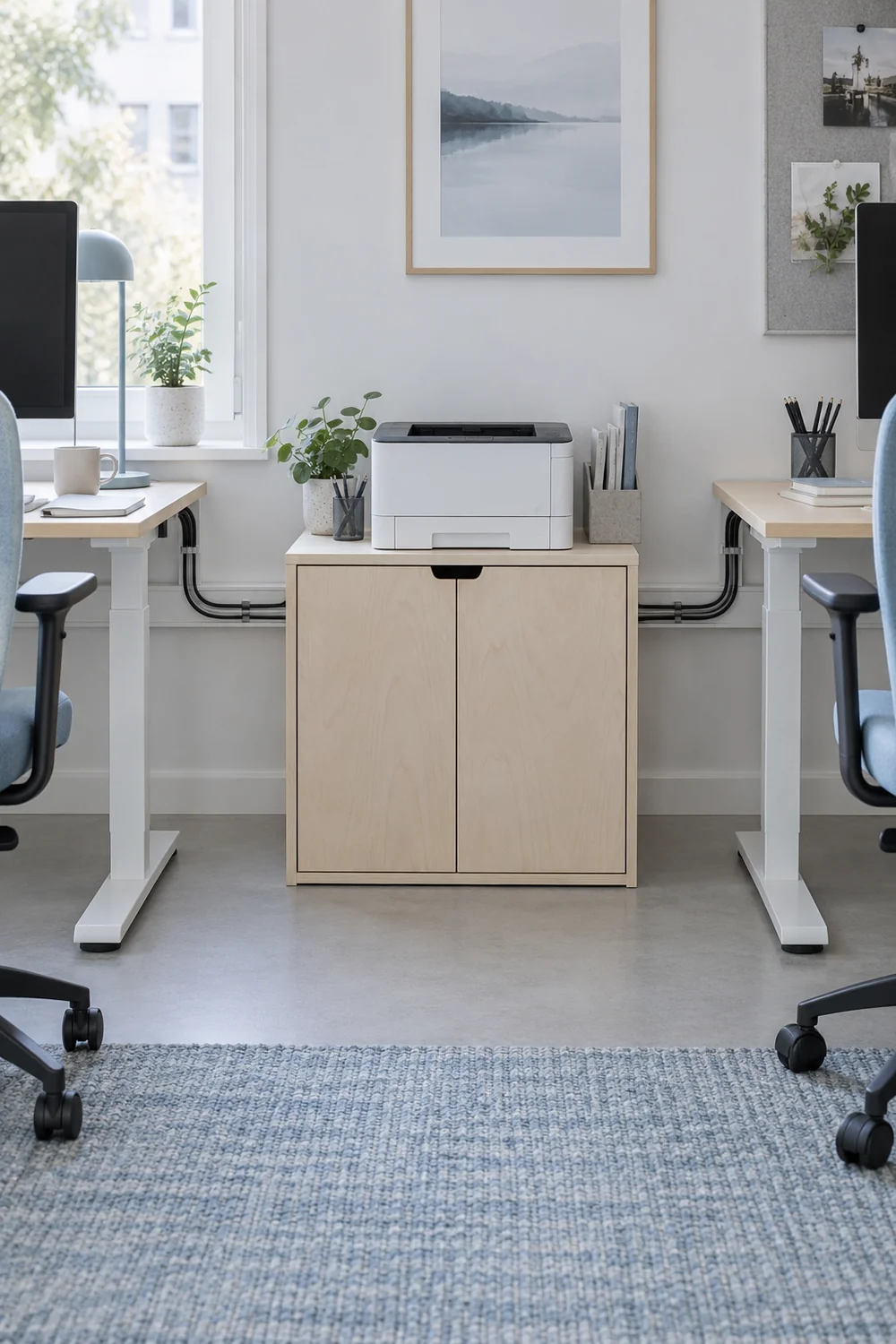 Shared printer cabinet and tidy cable route between two desks