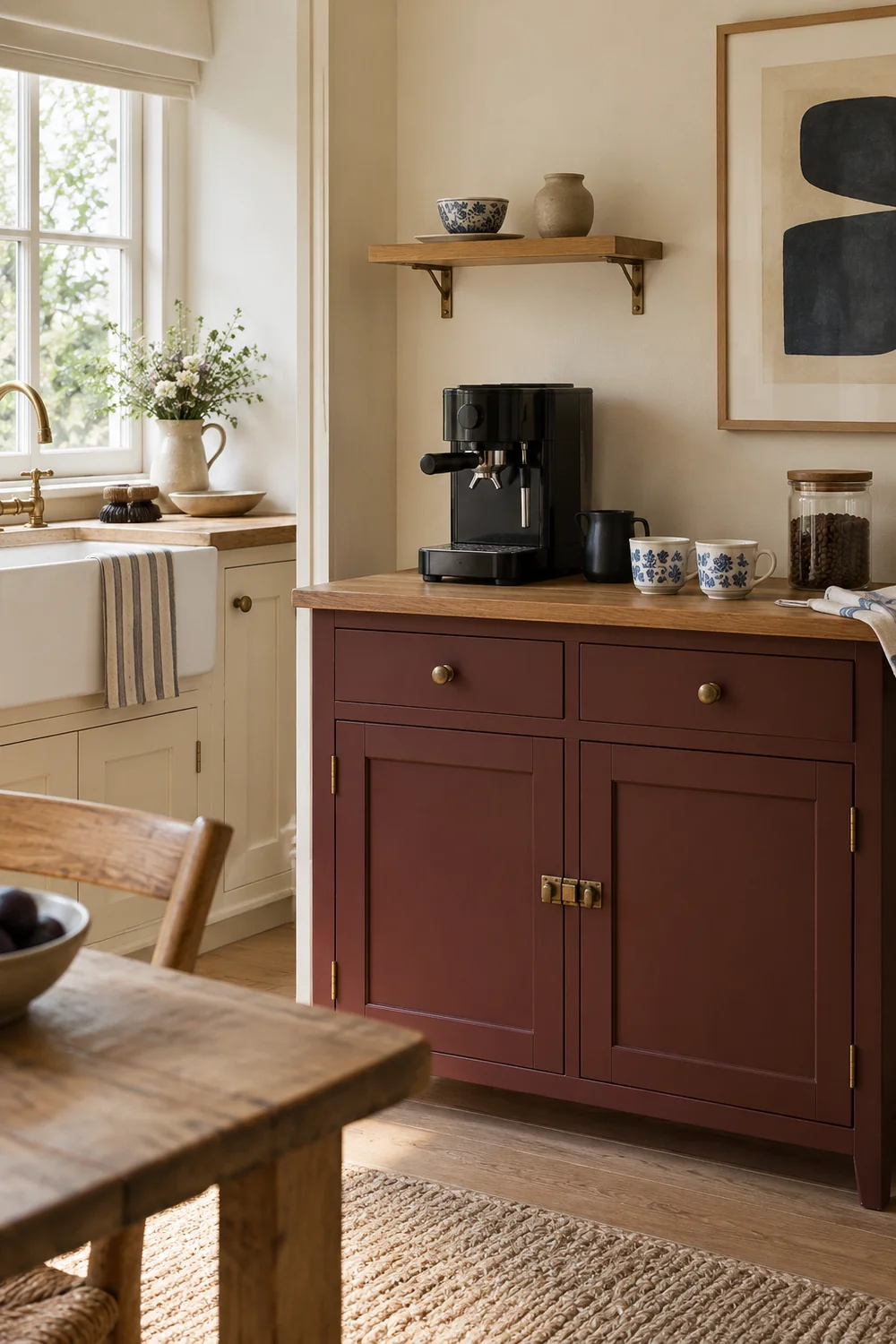 Short oak shelf with a patterned cup and plain vase above a burgundy coffee cabinet