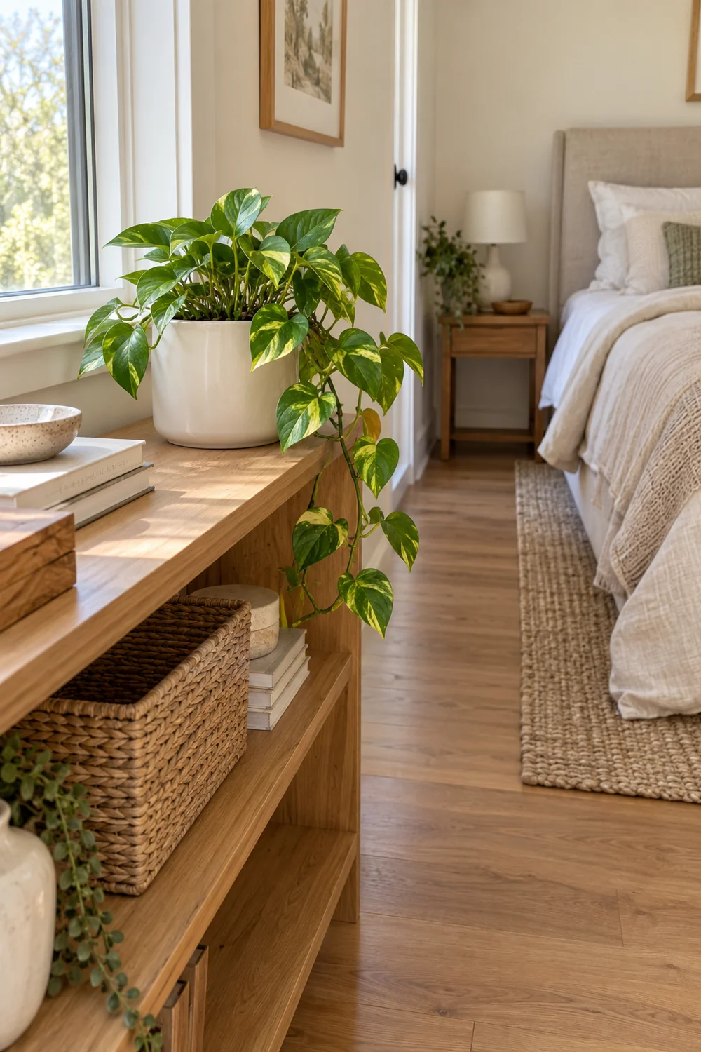 Short trailing pothos in a cream pot on a reachable timber shelf beside a bedroom window