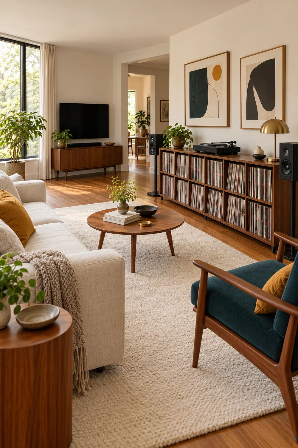 Side wall record storage beside a television and cream living room seating