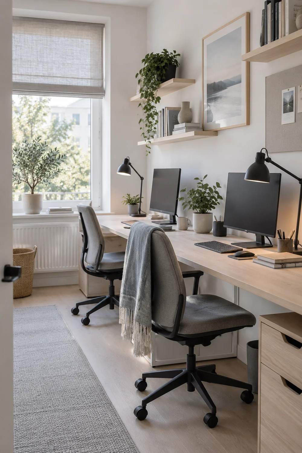 Side window blind and separate task lights beside two office screens