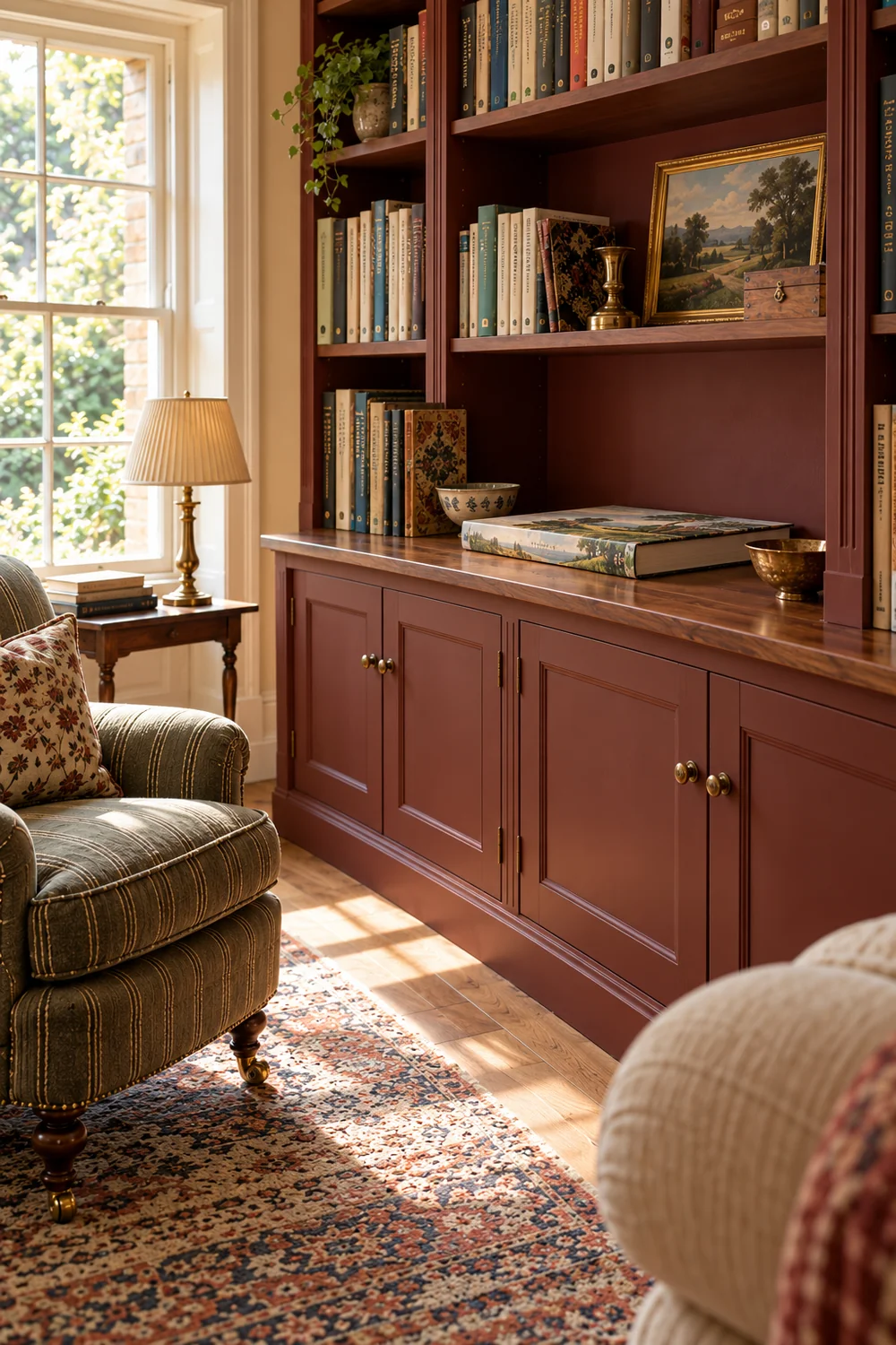 Single illustrated volume lying flat in a broad lower bookcase opening beside an olive chair