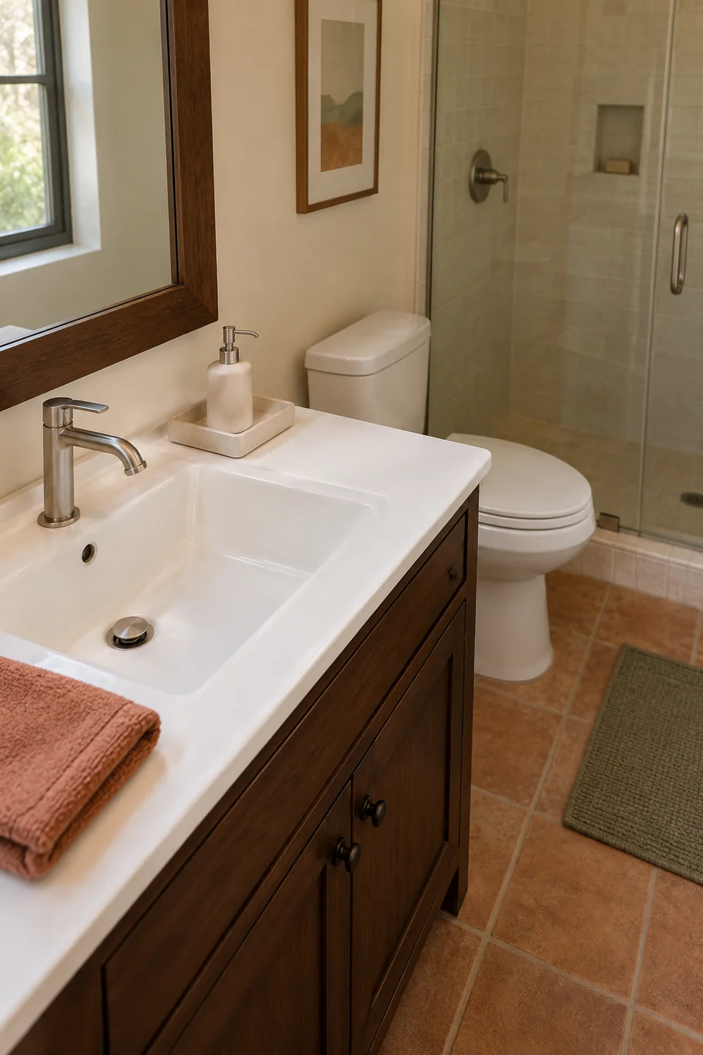 Single soap dispenser on a cream tray beside a clear white basin ledge