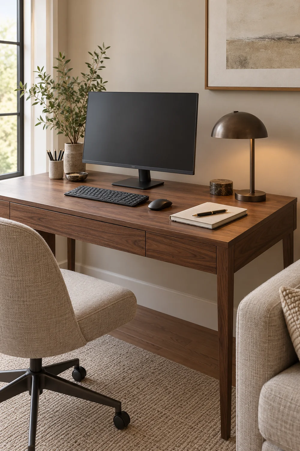 Single walnut work desk with monitor keyboard notebook and an oatmeal office chair