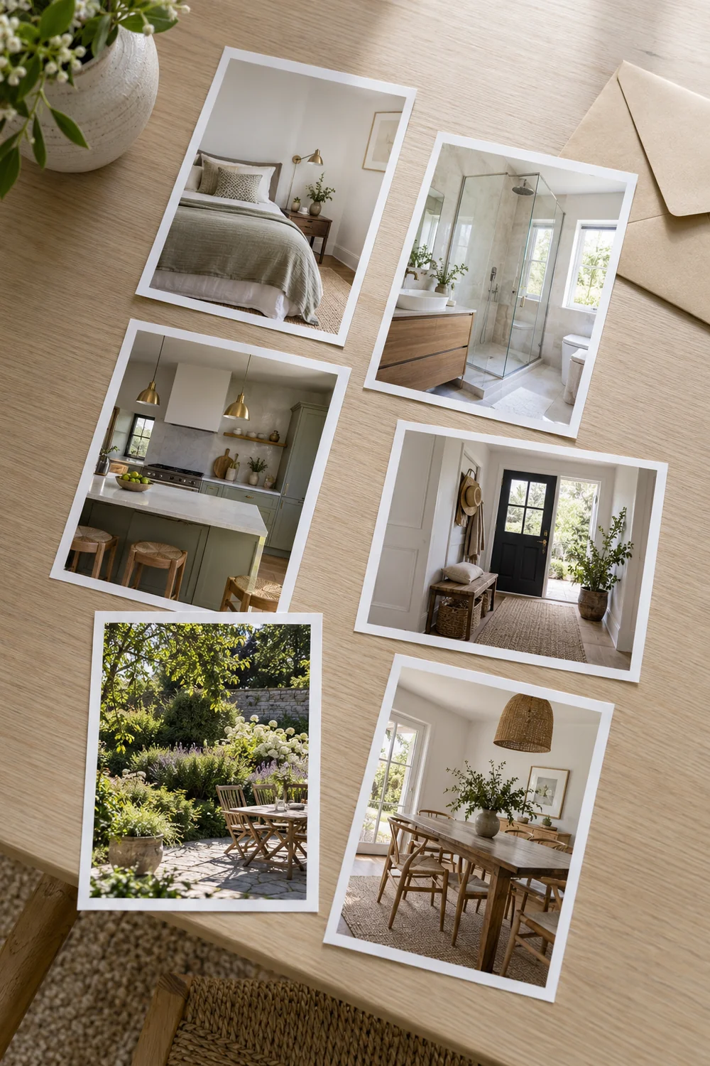 Six different room and garden photographic prints on a pale wooden table