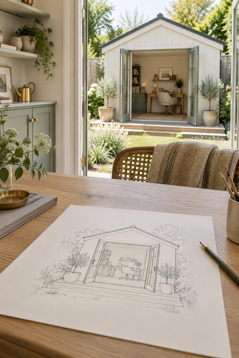 Sketch of a garden office beside a view of the proposed building