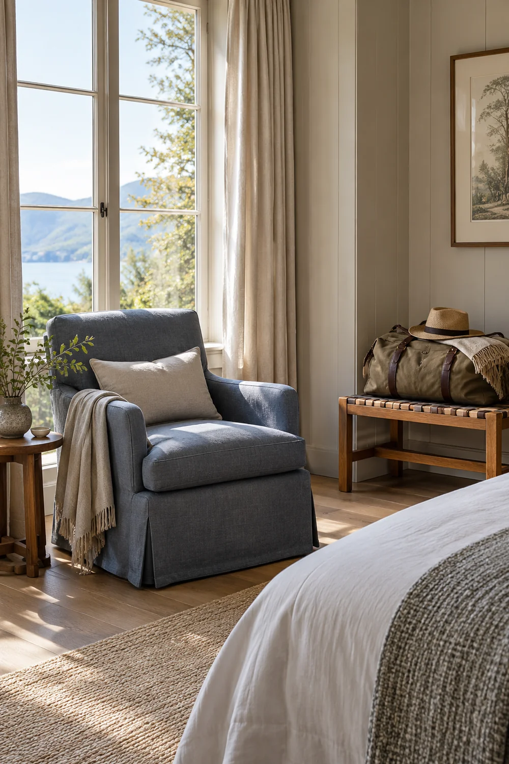 Slate blue armchair and luggage bench beside a hotel bedroom window