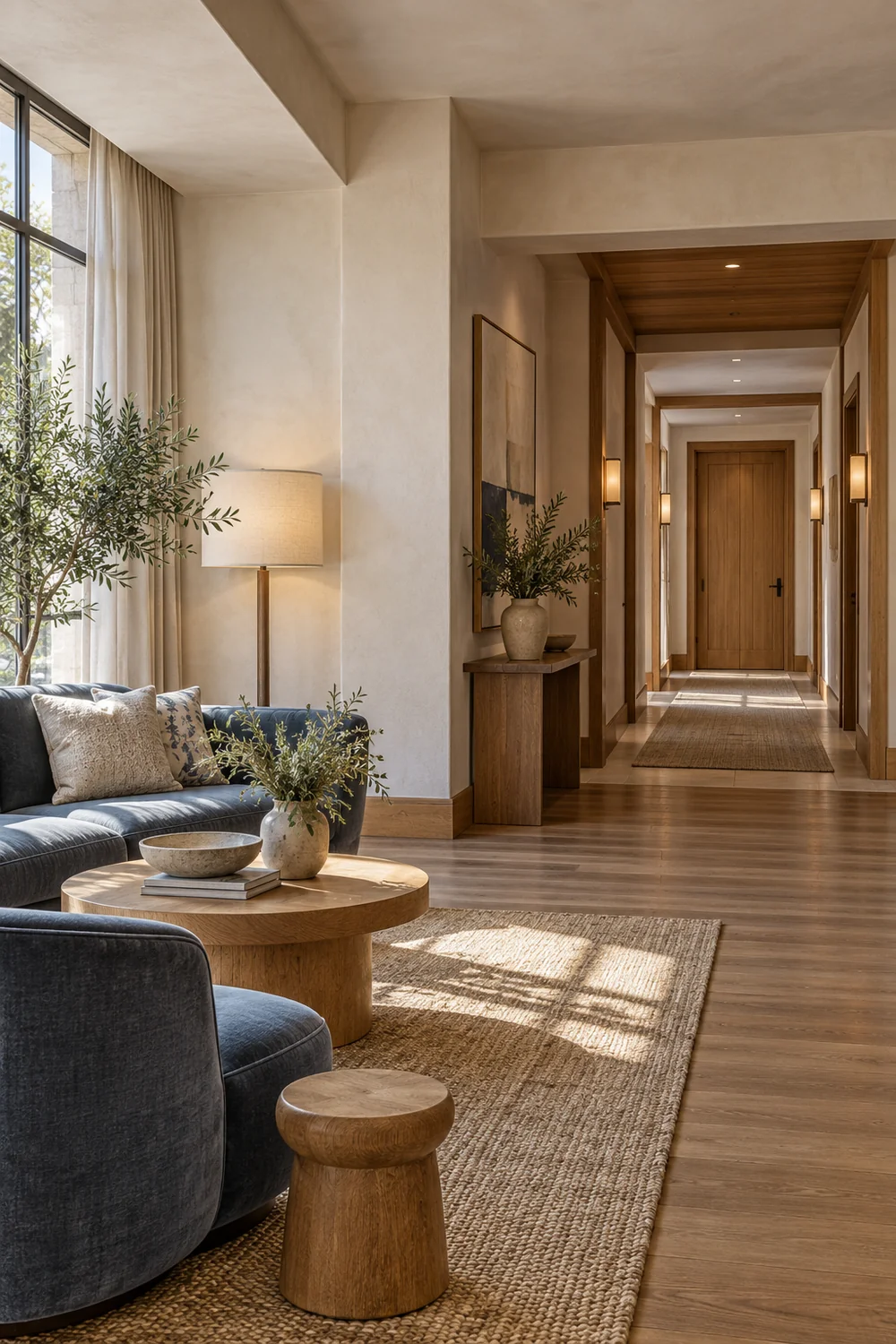 Slate blue shared lounge beside a corridor of closed hotel doors