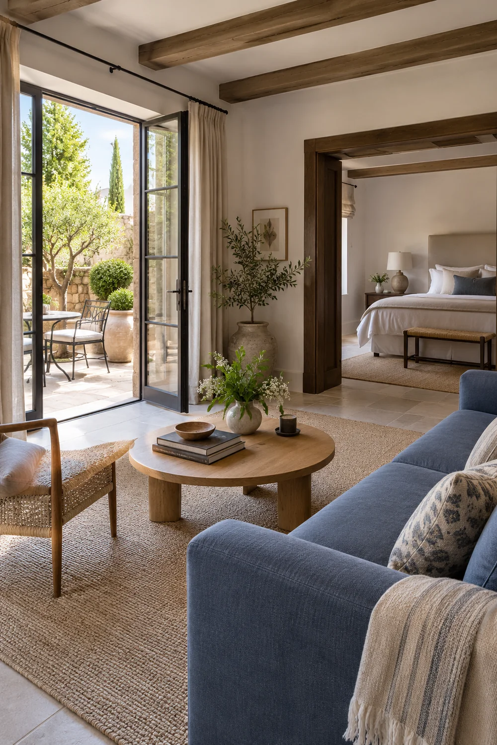 Slate blue suite sitting area between an open terrace door and bedroom doorway