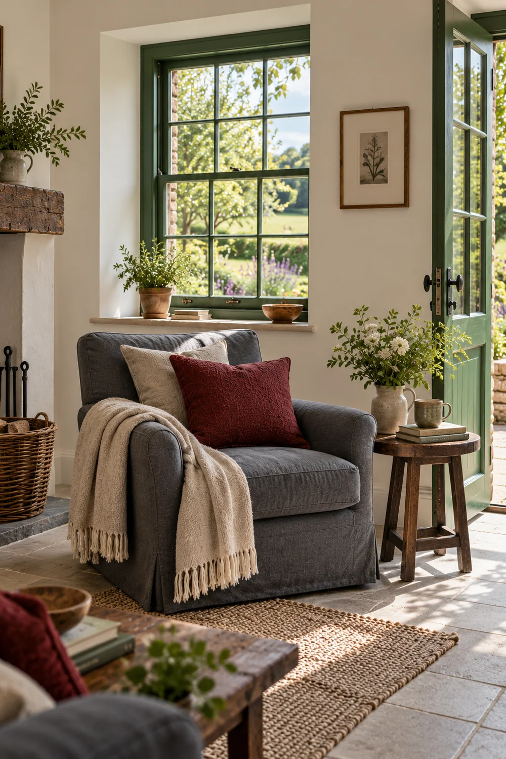 Slate reading chair and small wooden side table beside a green window