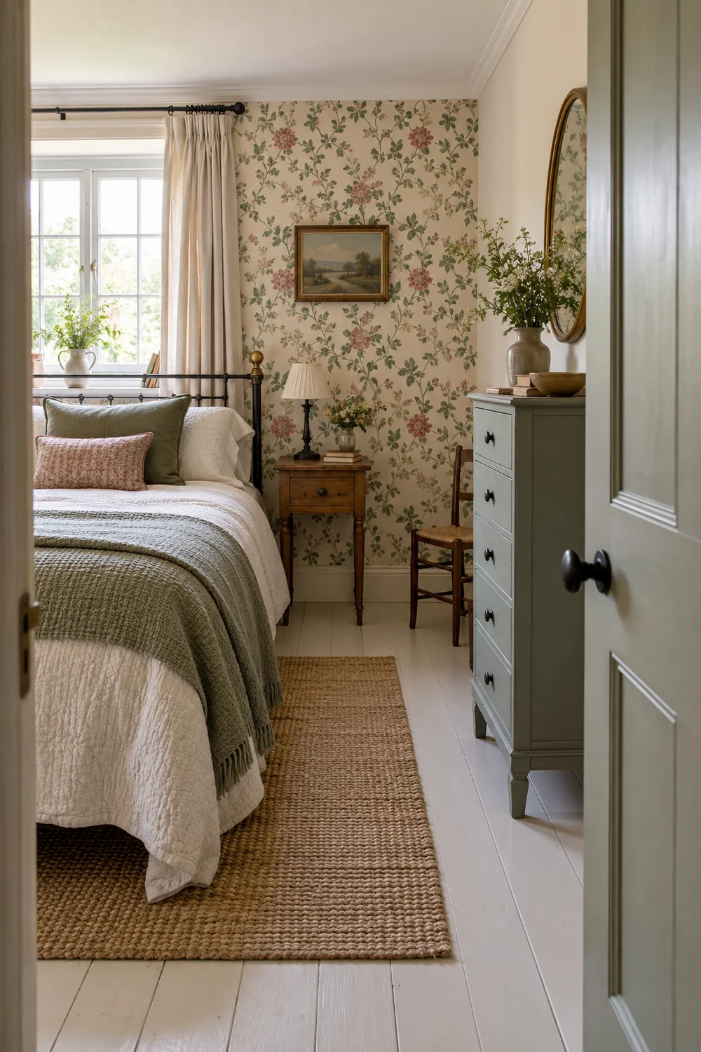 Small English country guest bedroom viewed from the doorway with a clear walking route
